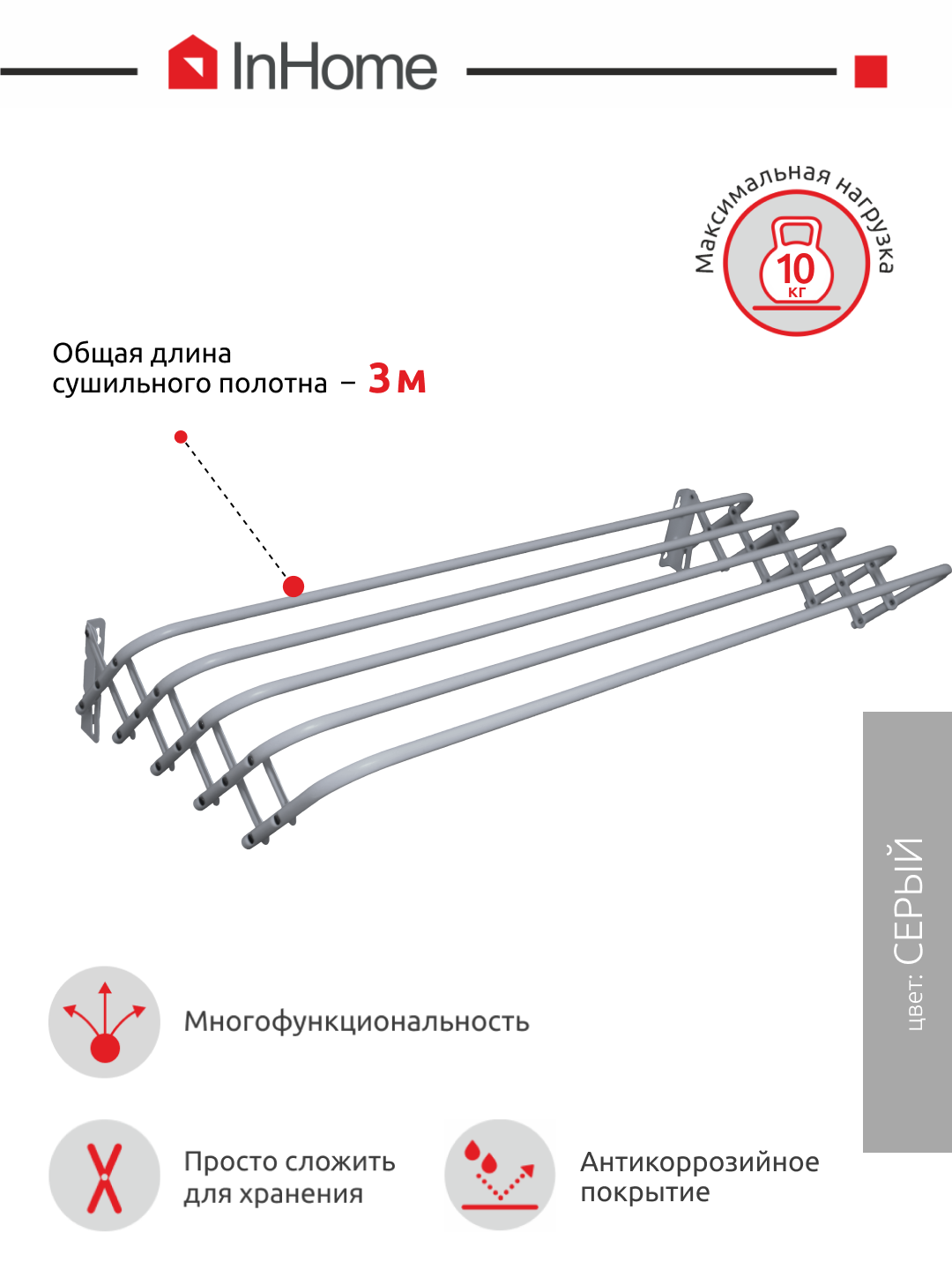 Сушилка для белья InHome Настенная раскладная гармошка - фото 2