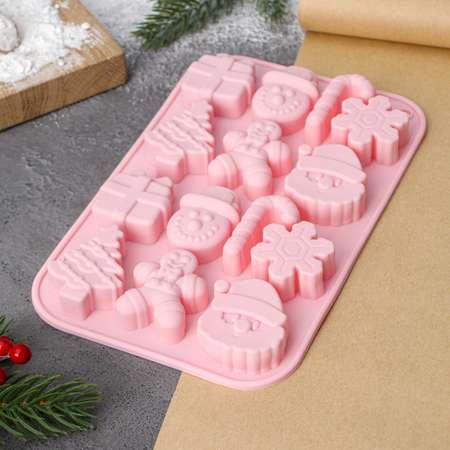 Форма Доляна силиконовая для выпечки «Новогодние подарки» 20×12 7×1 7 см 14 ячеек цвет розовый