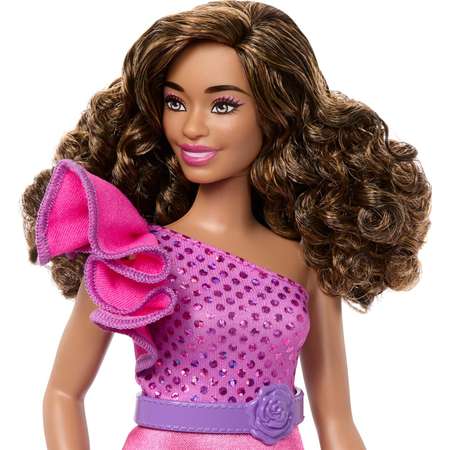 Кукла Barbie Fashionistas пышнотелая с каштановыми волосами в розовом блестящем платье HRH22