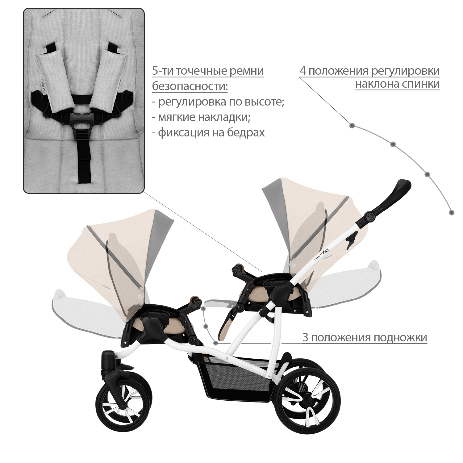 Коляска 2 в 1 Bebetto B42. 2017 для двойни шасси Белая (01) - фото 7