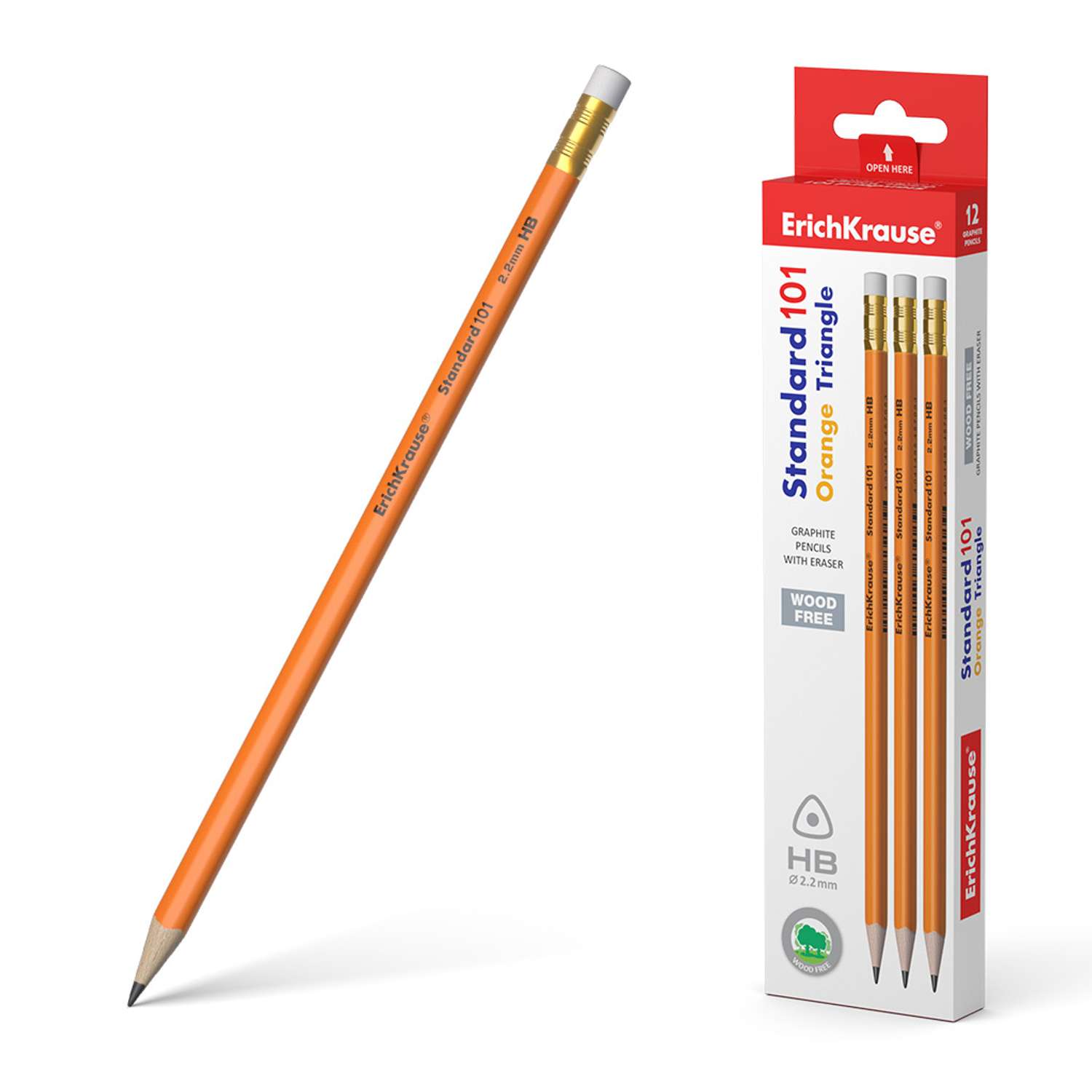Чернографитный карандаш ErichKrause пластиковый шестигранный с ластиком Standard triangle 101 Orange HB 12 шт - фото 1