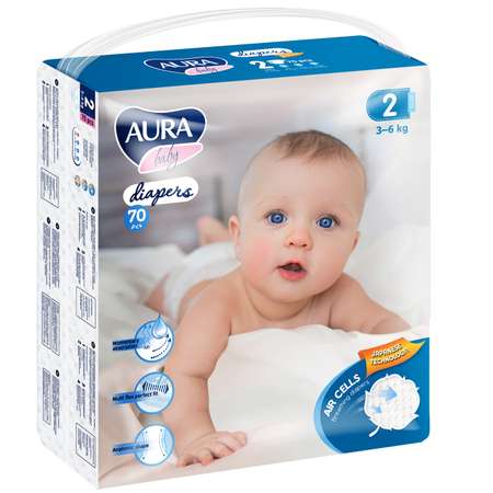Подгузники AURA BABY одноразовые для детей 2/S 3-6 кг mega-pack 70шт