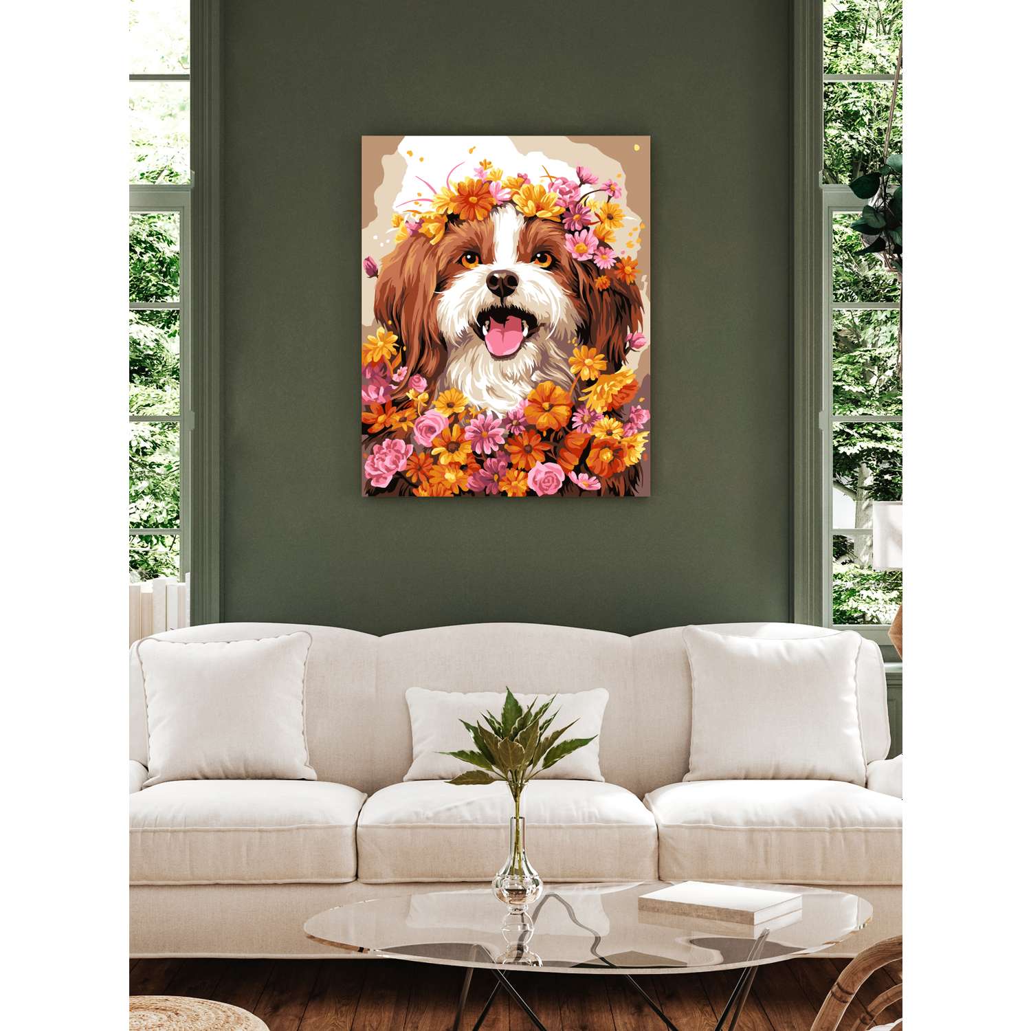 Картина по номерам Art sensation холст на деревянном подрамнике 40х50 см Собачка в цветах - фото 3