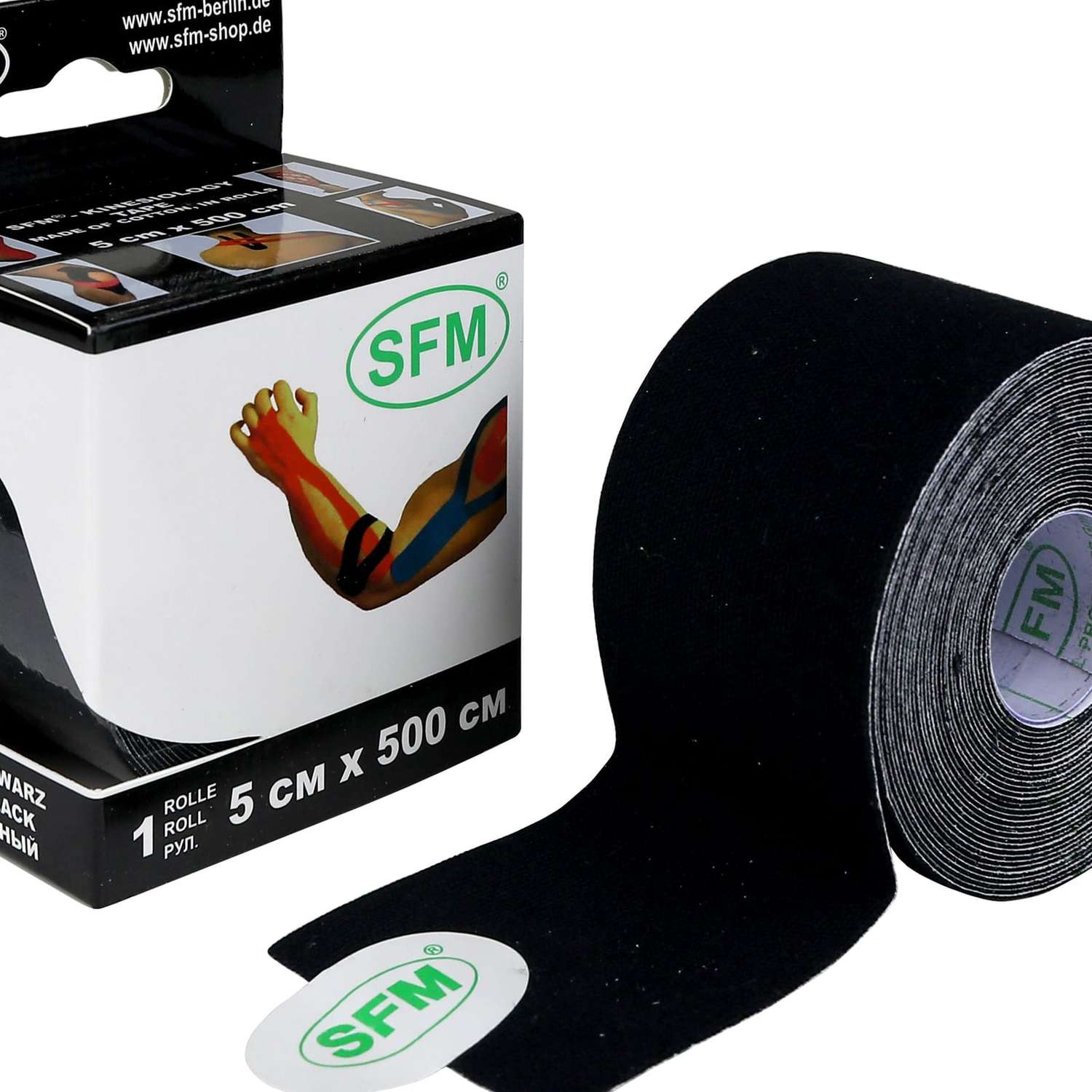 Кинезиотейп SFM Hospital Products Plaster на хлопковой основе 5х500 см черного цвета в диспенсере - фото 2