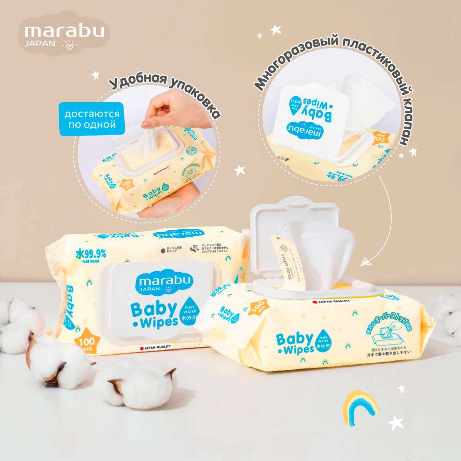 Влажные салфетки для детей MARABU набор из 3 упаковок по 100 шт - фото 5
