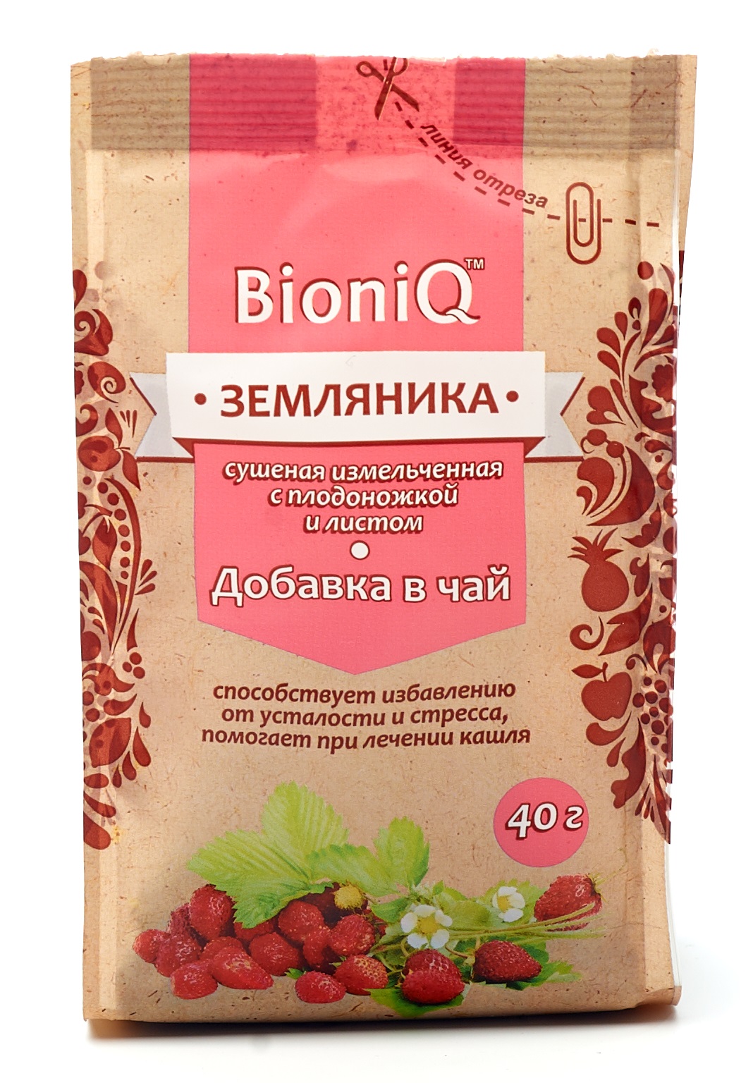 Земляника Bioniq измельченная сушеная с плодоножкой и листом 40 гр - фото 1