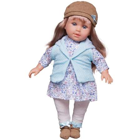 Кукла Junfa в теплой одежде в бело голубом платье голубом жилете и темной шапке 45 см