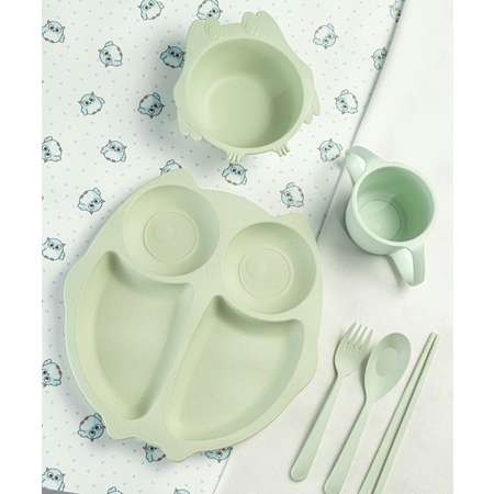 Набор детской посуды Добрый Филин Детская тарелка вилка ложка Совушка зеленая 6 предметов