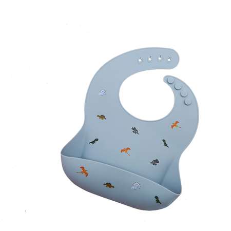 Детский силиконовый нагрудник MIKMEL для кормления мягкий с карманом и застежкой Blue Dino