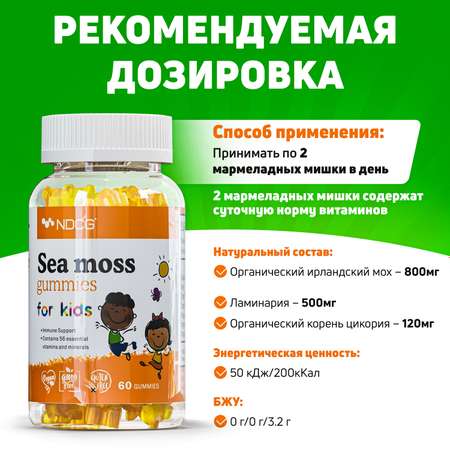 Мультивитамины для детей NDCG Sea Moss ирландский мох NDCG for Kids апельсин 60 жевательных пастилок