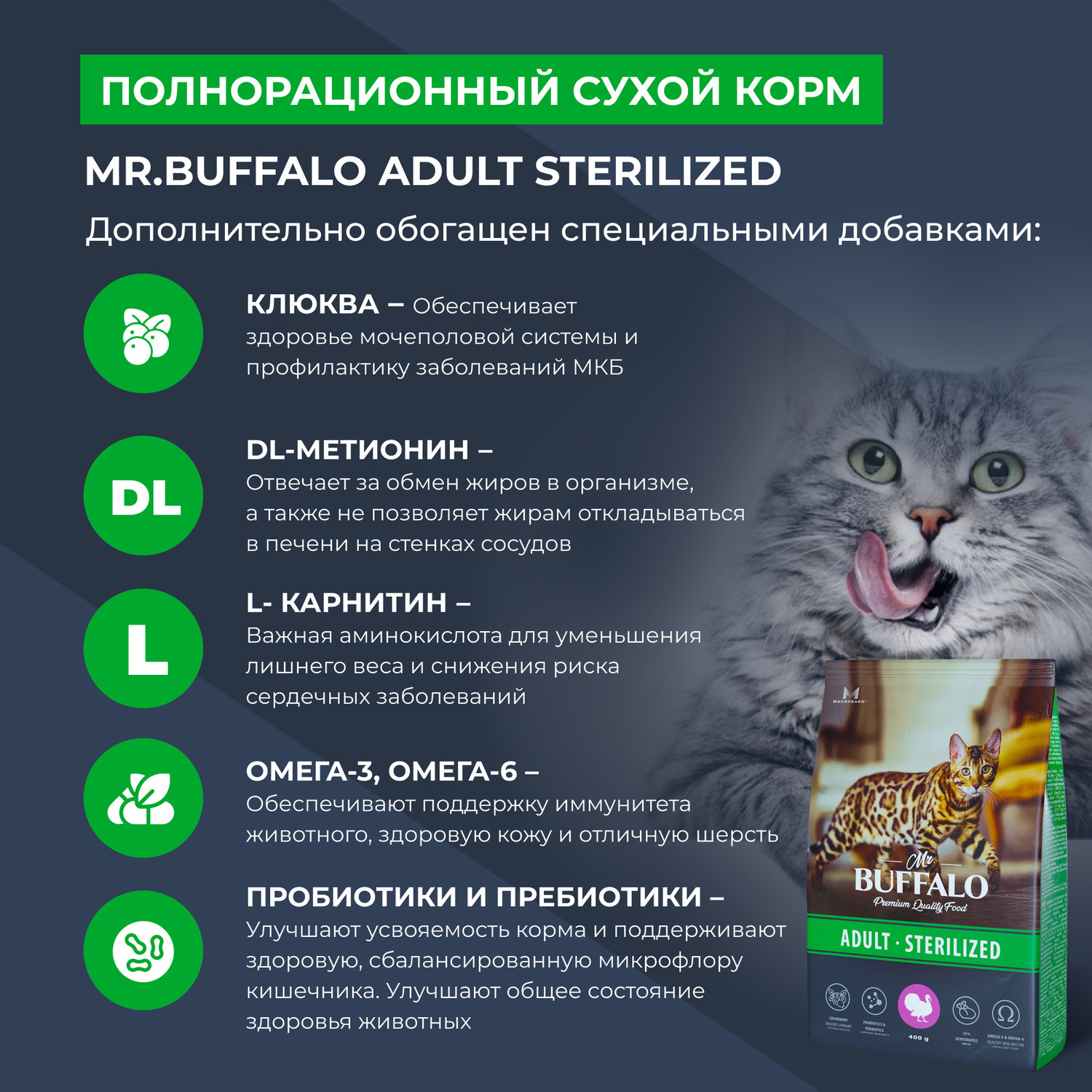 Корм для кошек Mr.Buffalo Castrated стерилизованных с индейкой сухой 400г - фото 4