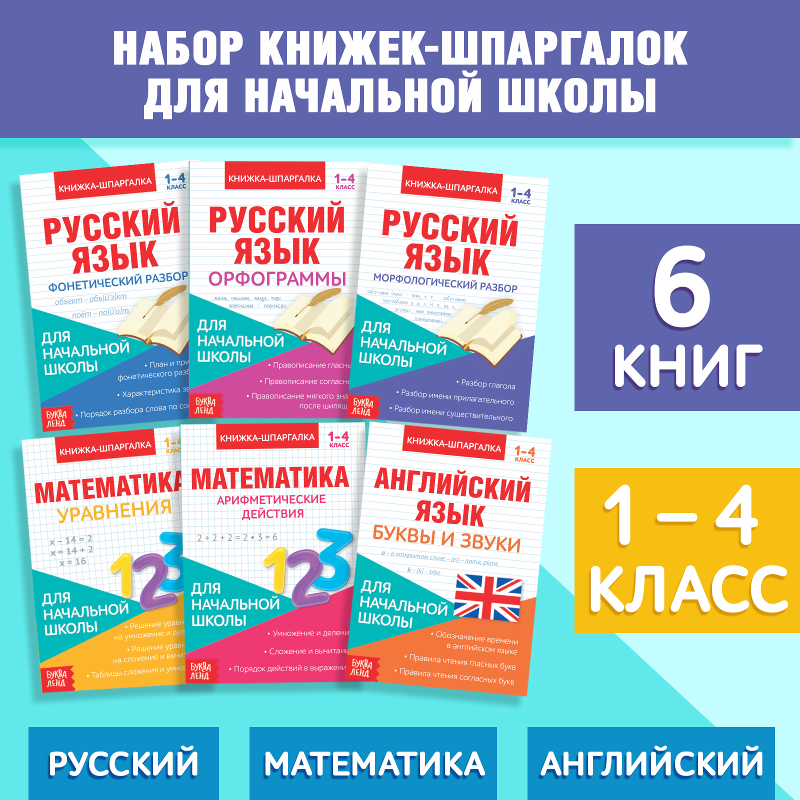 Книги-шпаргалки Буква-ленд набор для начальной школы, 6 книг по 8 стр. - фото 1