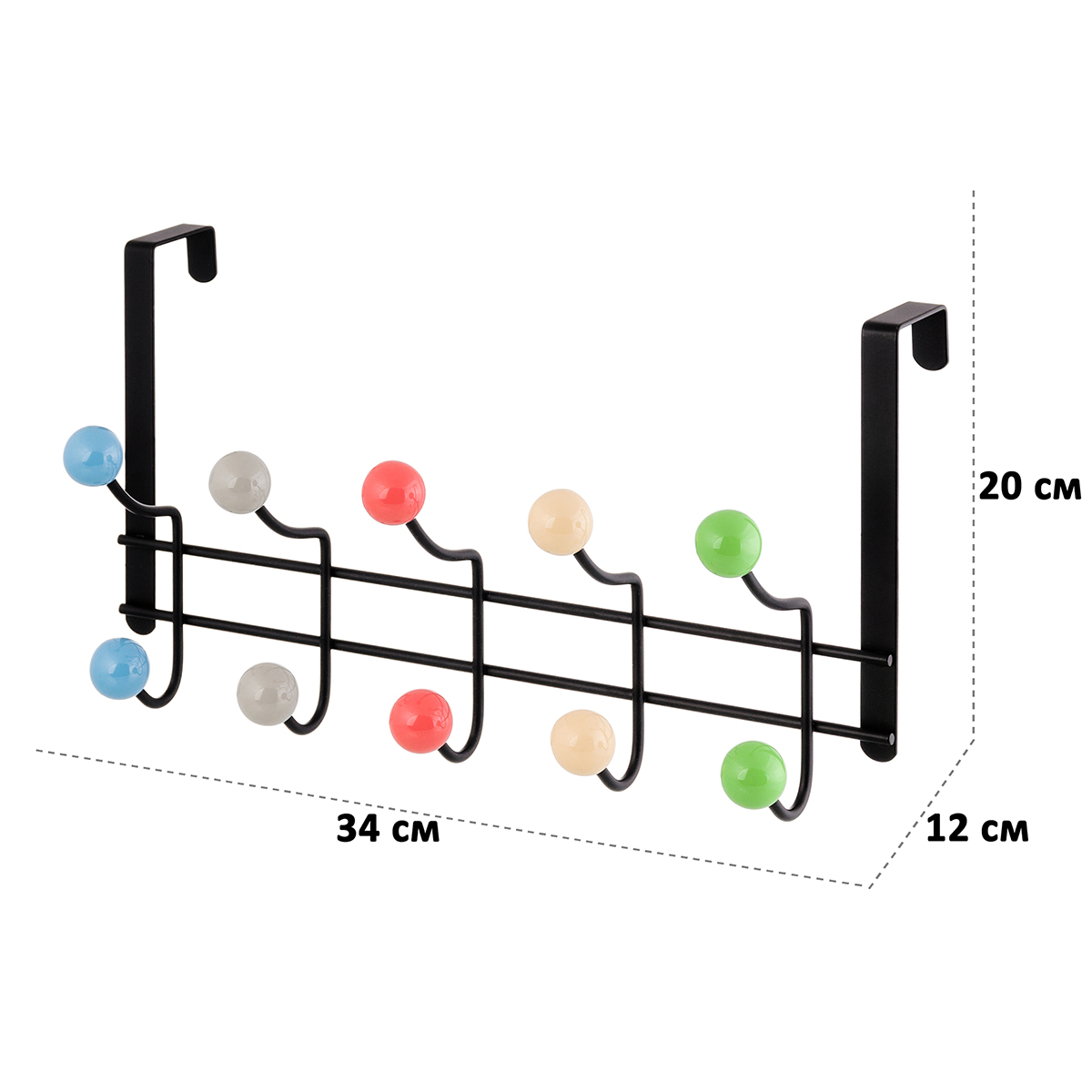 Вешалка El Casa на дверь Черная с 10 крючками с цветными шариками - фото 2