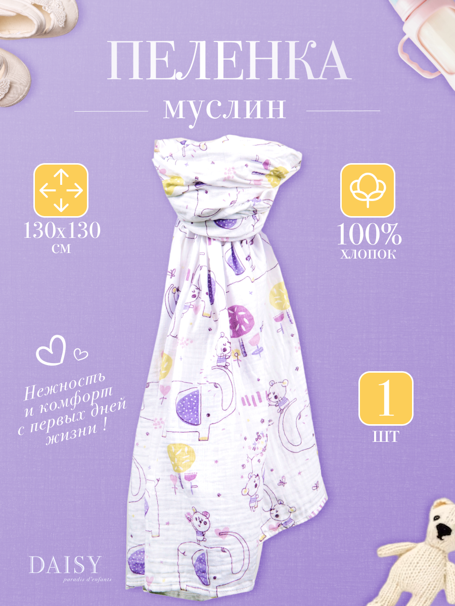 Муслиновая пеленка Daisy 130х130см Слон и Мишка - фото 3