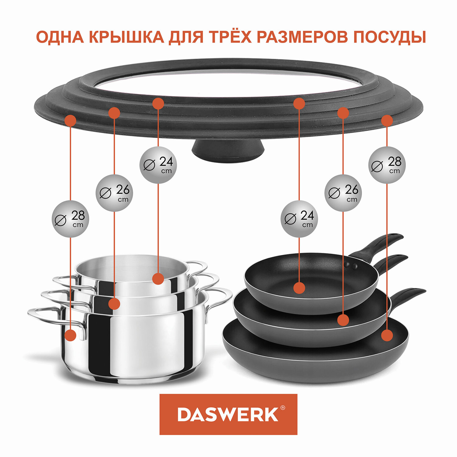 Крышка для сковороды DASWERK кастрюли посуды универсальная 3 размера 24-26-28см - фото 4