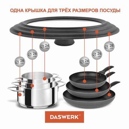 Крышка для сковороды DASWERK кастрюли посуды универсальная 3 размера 24-26-28см