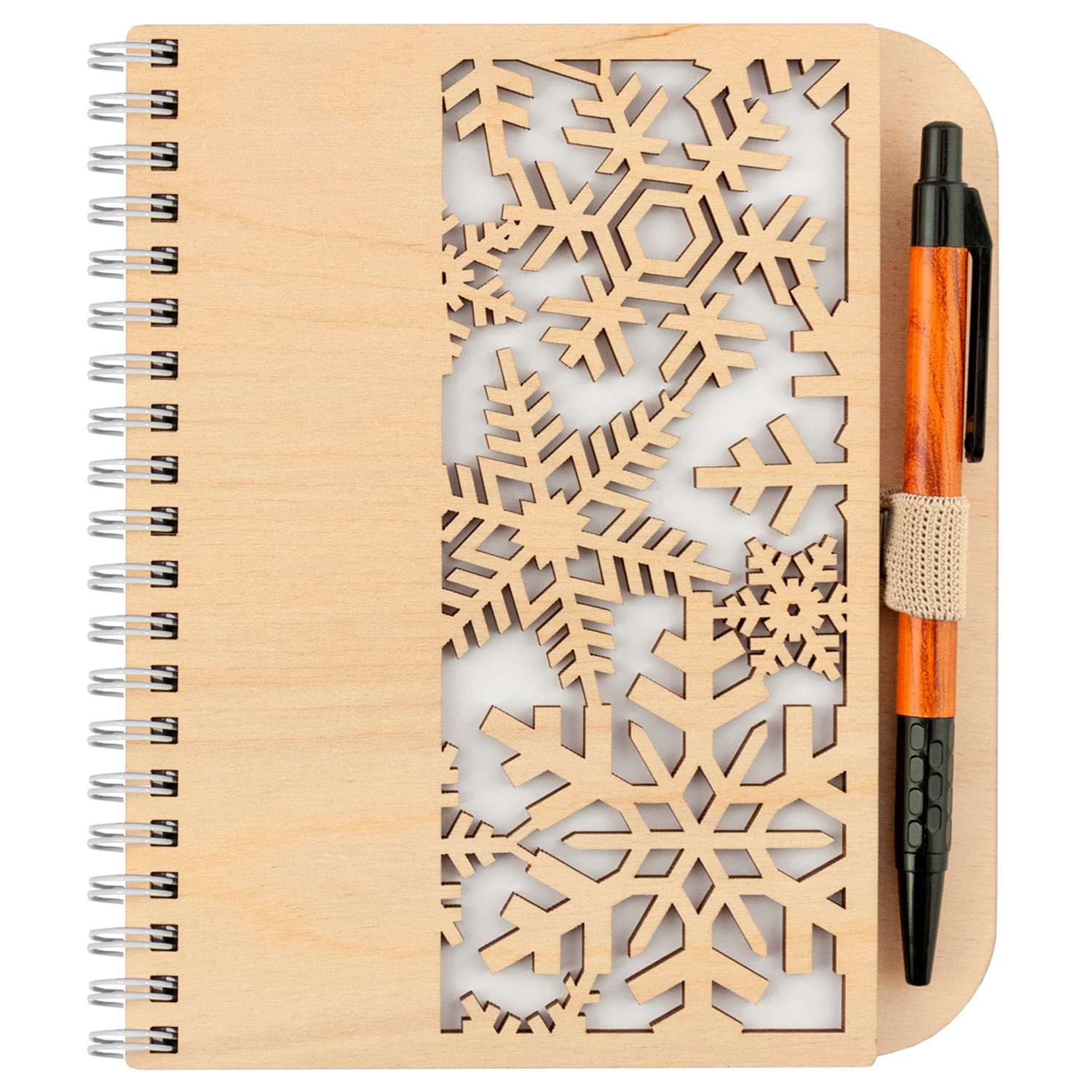 Блокнот Символик Снежинки деревянный с ручкой - фото 1