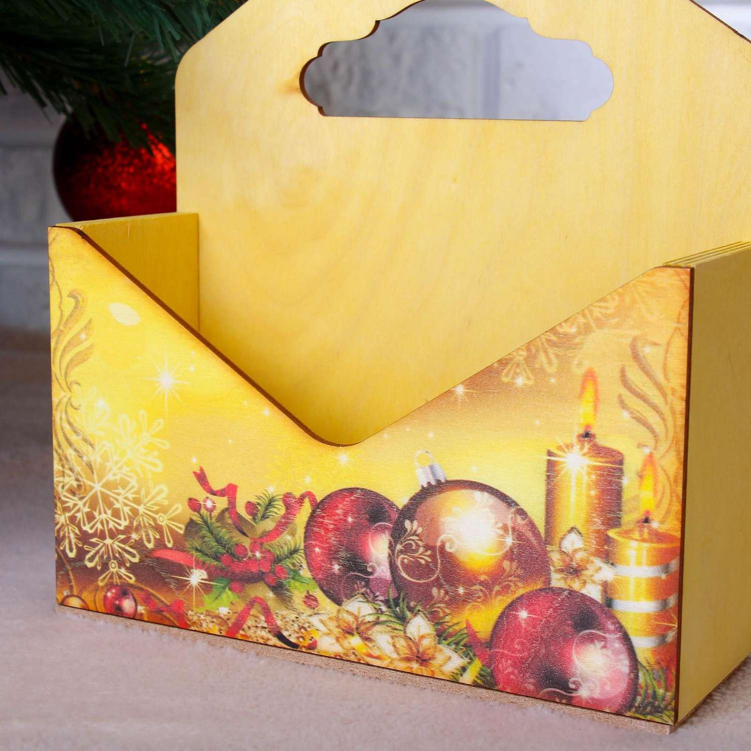 Кашпо Sima-Land деревянное «Конверт Новогодний №3» деревянная ручка жёлтое 20.5×18×6 см - фото 3