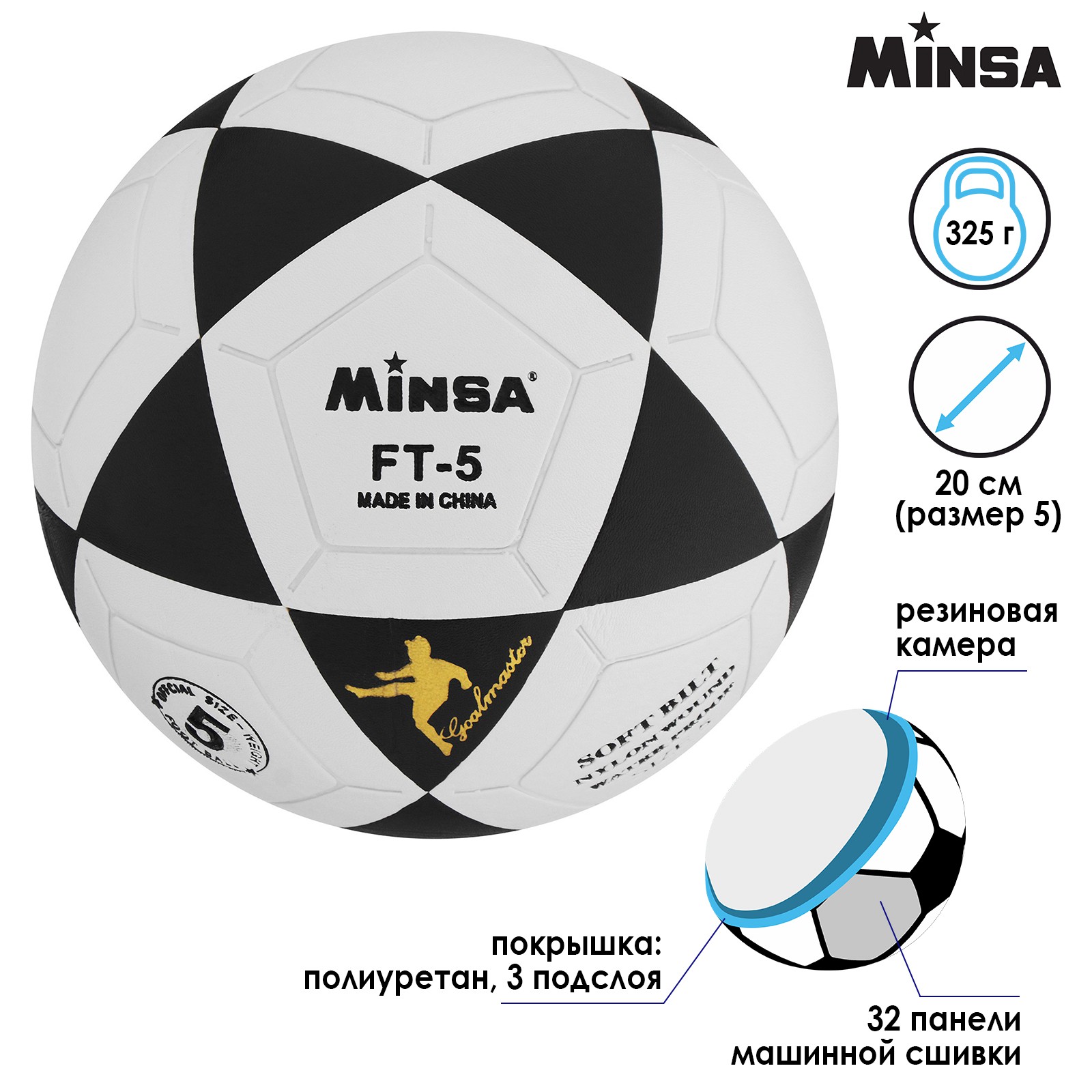 Мяч MINSA футбольный PU. машинная сшивка. 32 панели. размер 5. 325 г - фото 2