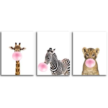 Комплект картин на холсте LOFTime Жираф зебра львенок с розовым пузырем 30*40
