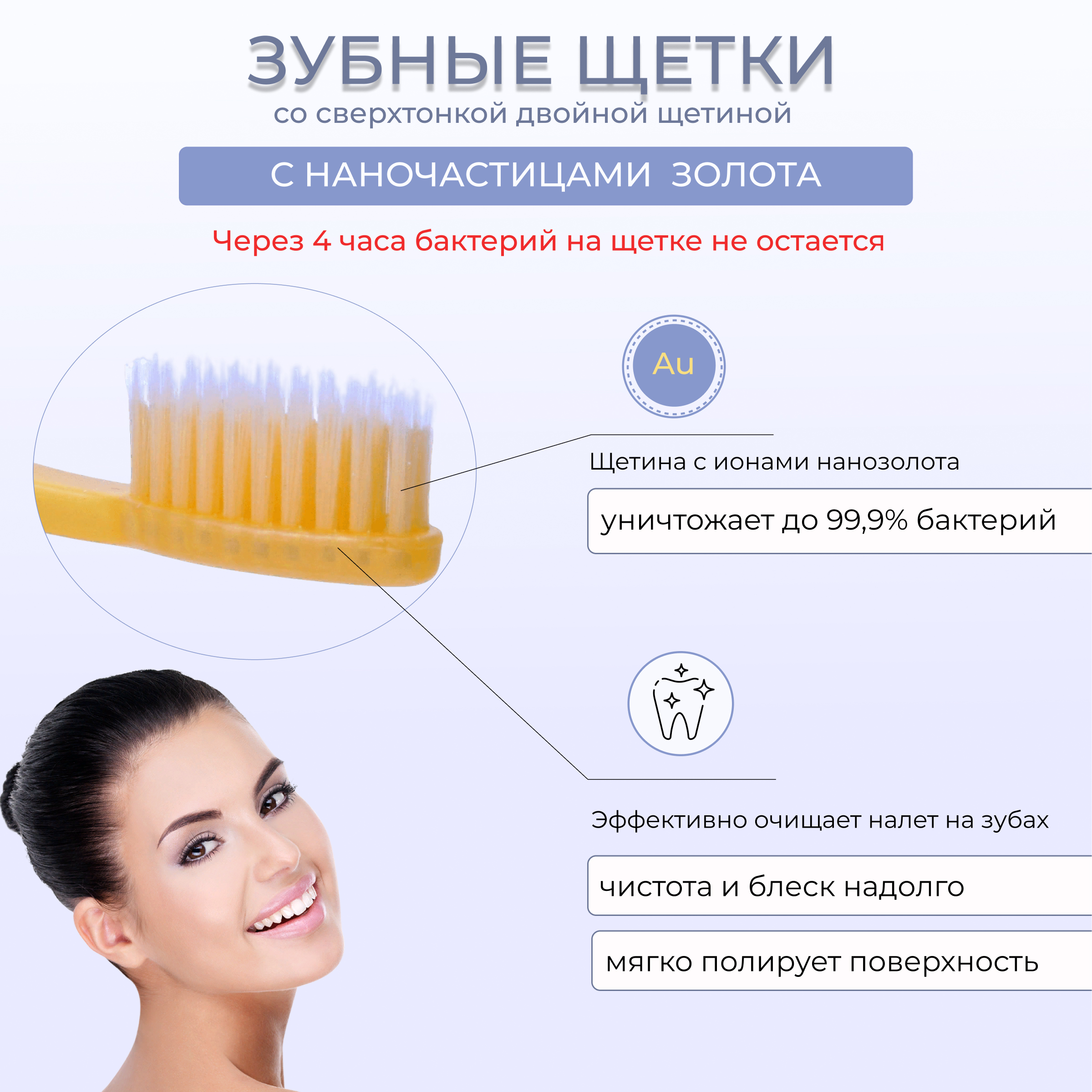 Набор зубных щеток DENTAL CARE c наночастицами золота и сверхтонкой двойной щетиной средней жесткости и мягкой 4 шт. - фото 3