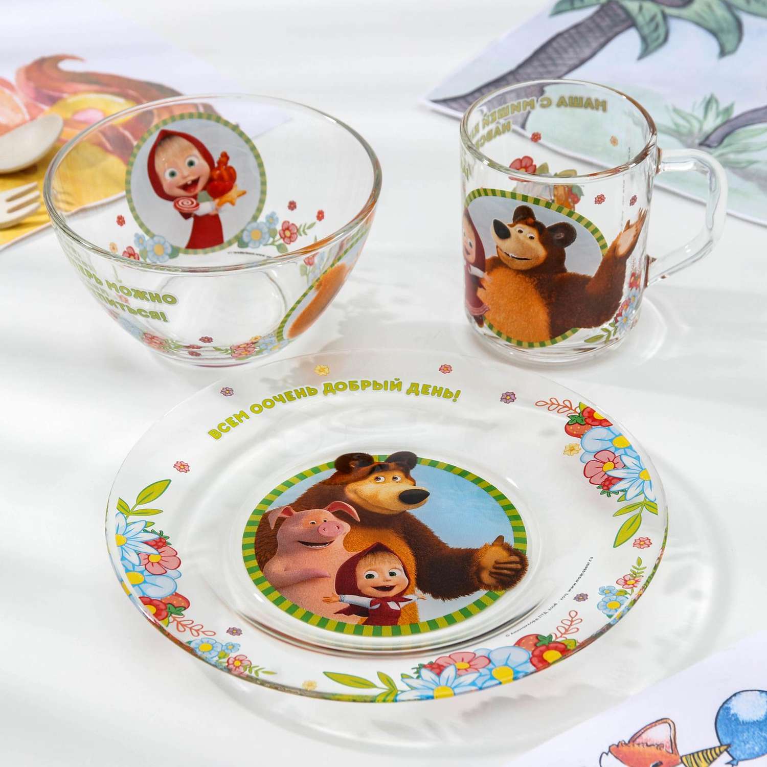 Набор детской посуды Маша и медведь Добрый день кружка салатник тарелка - фото 1