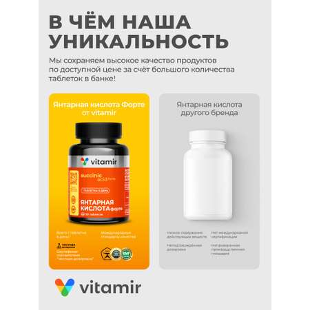 Янтарная кислота Форте VITAMIR PRO / Янтарная кислота в таблетках / 90 таблеток