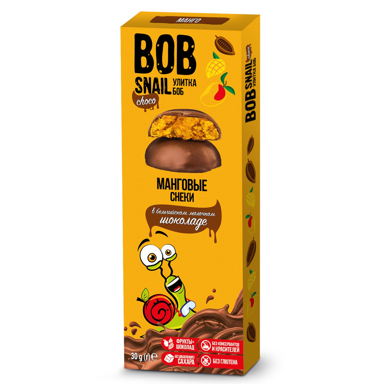 Снек Bob Snail Фруктовый манговый в молочном бельгийском шоколаде без добавленного сахара 30г - фото 1