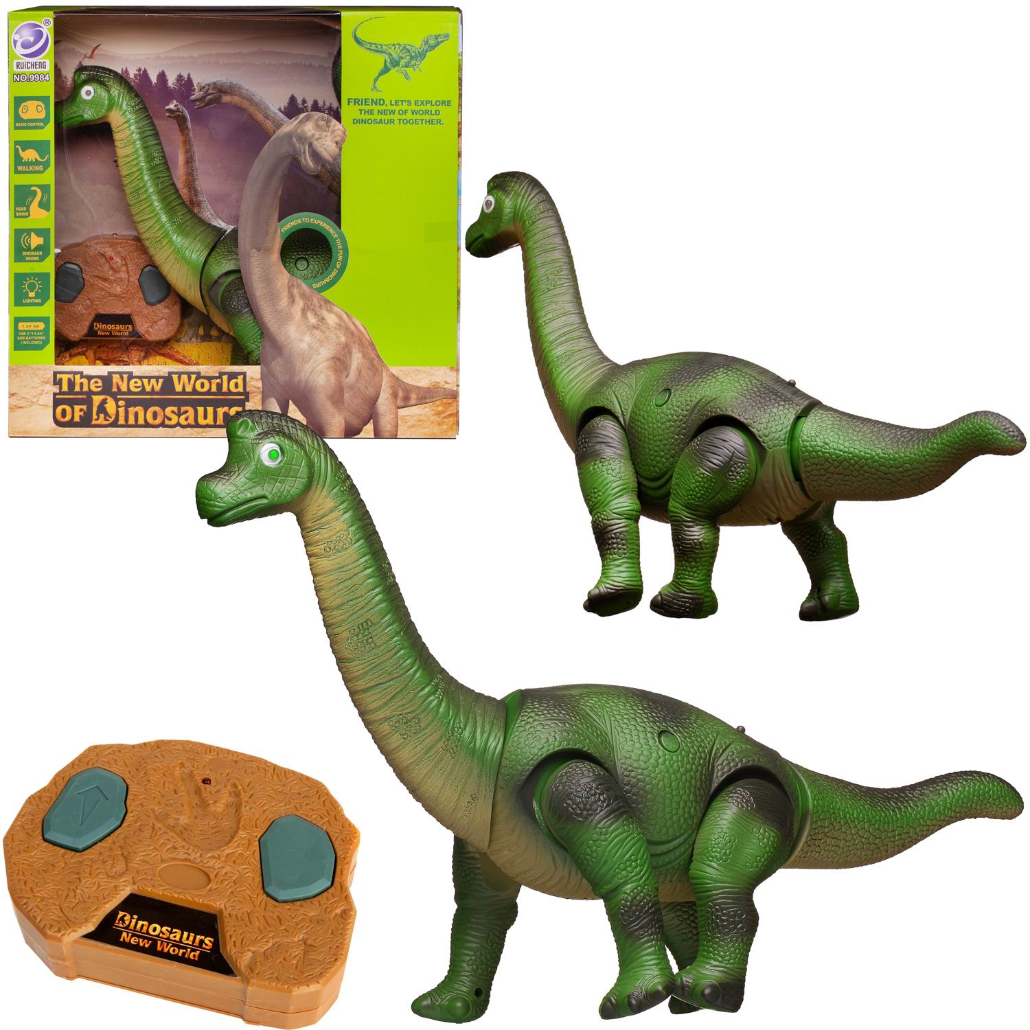Динозавр на радиоуправлении Junfa Бронтозавр зеленый свет звук движение - фото 1