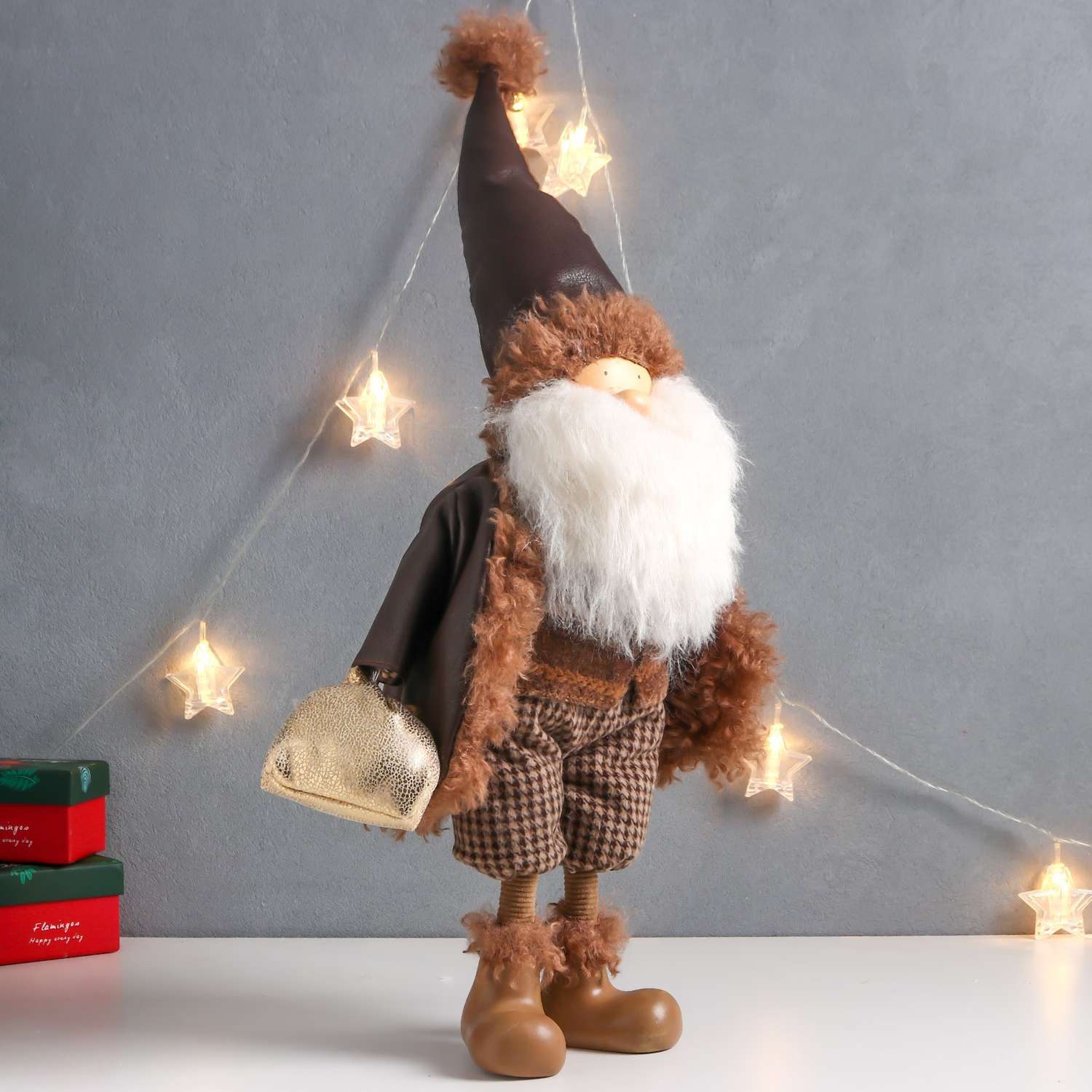 Кукла интерьерная Зимнее волшебство «Дед Мороз в коричневой шубке с мешком подарков» 27х14х62 см - фото 2