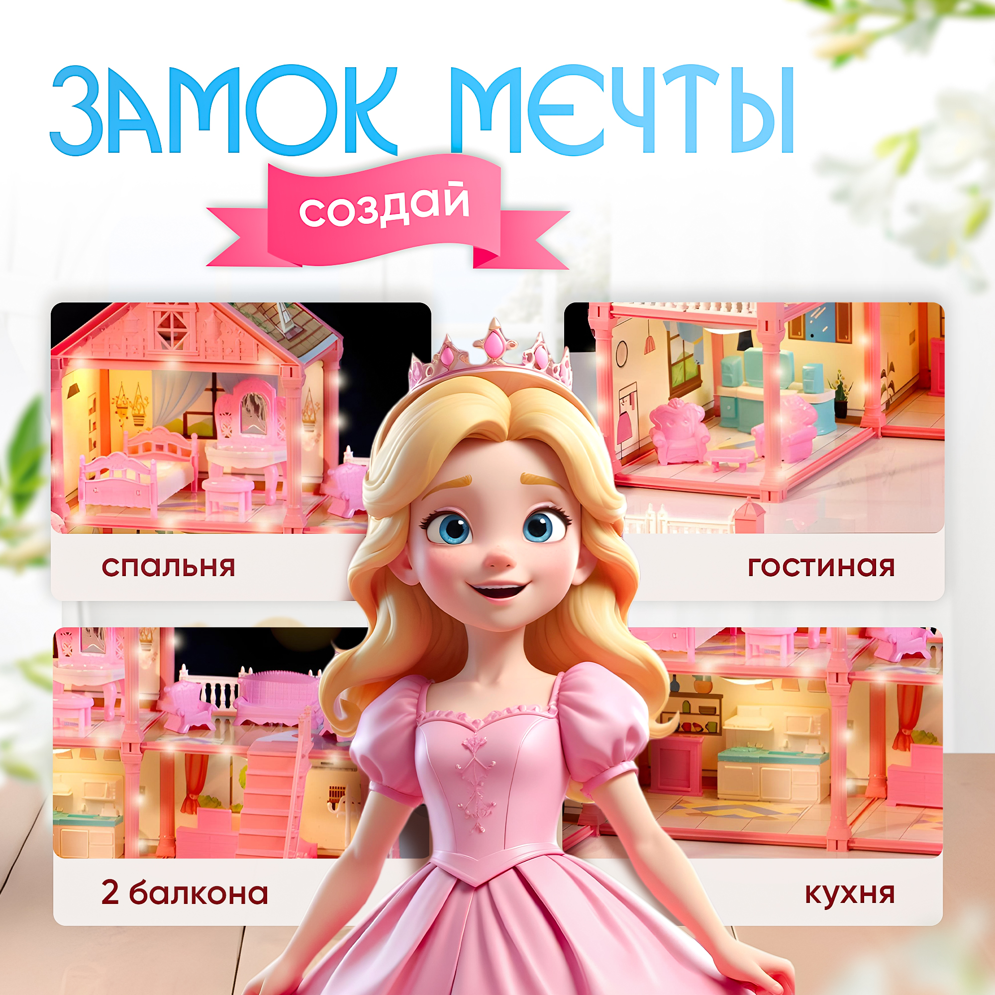 Кукольный домик-конструктор SHARKTOYS с мебелью куклой 2 этажа 4 комнаты 370000009 - фото 2