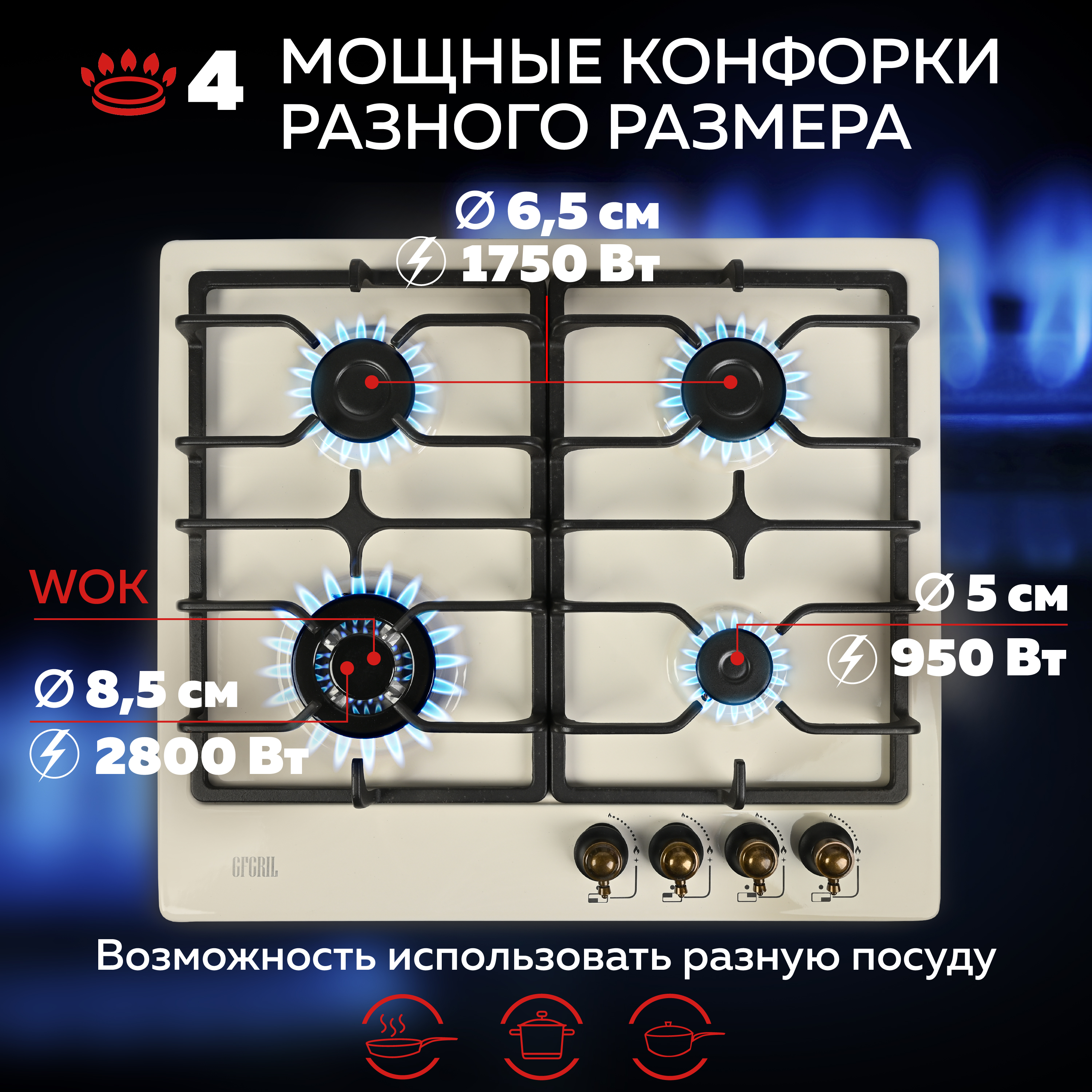 Варочная панель GFGRIL GF-HBG184 Rustic 60 см FFD автоподжиг чугунные решетки WOK конфорка цвет бежевый - фото 6