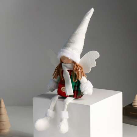 Кукла интерьерная Зимнее волшебство «Ангелочек в красно-зелёном сарафане» длинные ножки 16х8х40 см