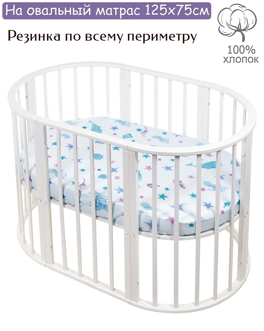 Простынь на резинке Lemony kids Whale Голубой с рисунком овальная поплин - фото 1