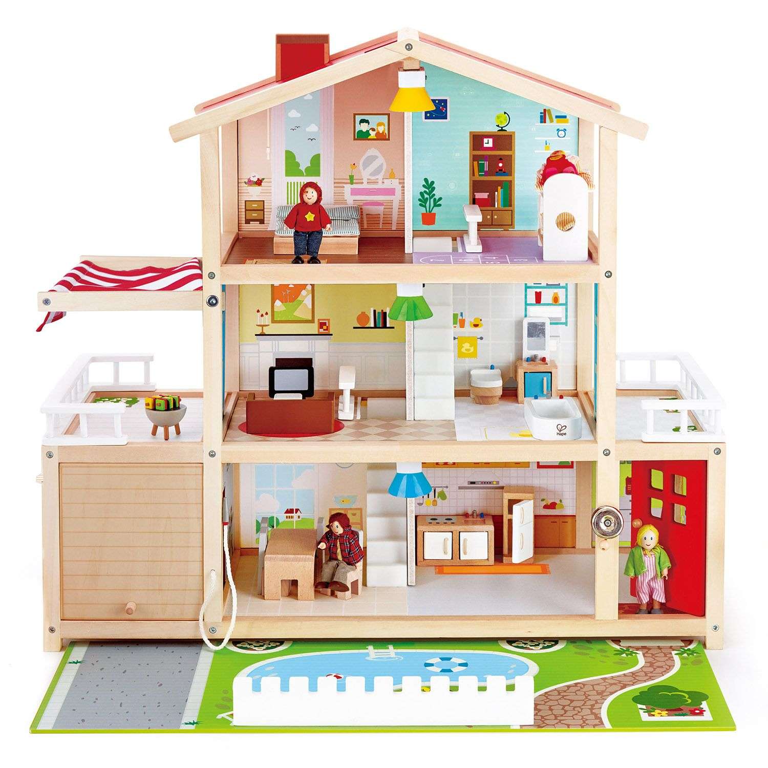 Кукольный домик Hape Семейный особняк с мебелью 29 предметов с 4 куклами свет звук E3405_HP E3405_HP - фото 2