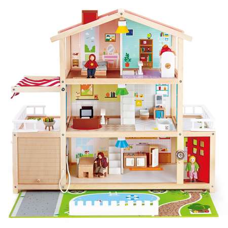 Кукольный домик Hape Семейный особняк с мебелью 29 предметов с 4 куклами свет звук E3405_HP
