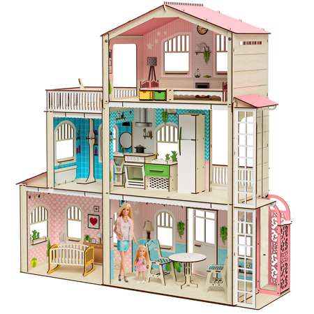 Кукольный домик с мебелью M-WOOD Симфония с лифтом и террасой