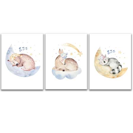 Комплект картин на холсте LOFTime Медвежонок олененок котенок сплюшки 30*40