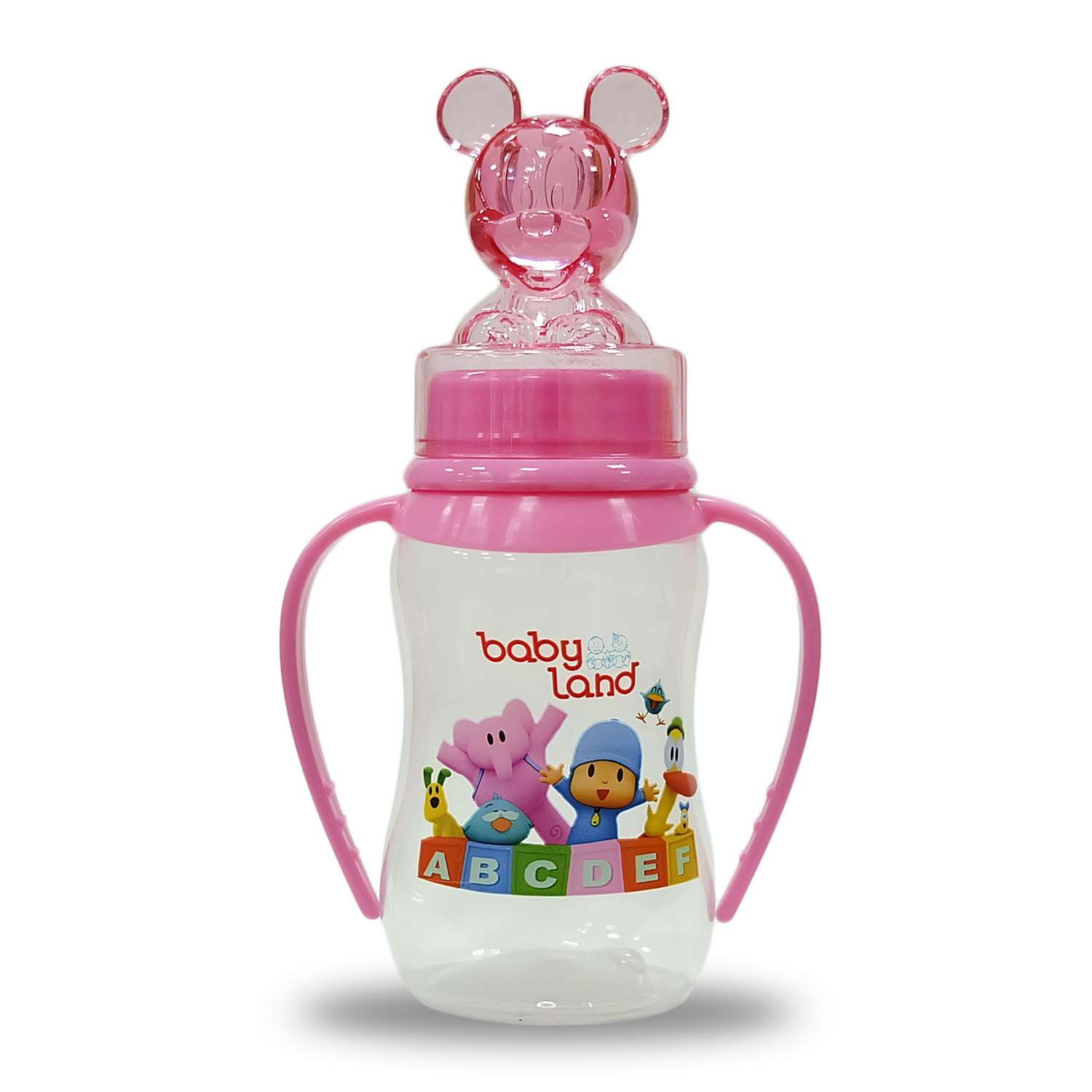 Бутылочка Baby Land с ручками и колпачком-игрушкой 150мл с силиконовой соской Air System розовый - фото 1