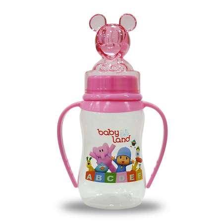 Бутылочка Baby Land с ручками и колпачком-игрушкой 150мл с силиконовой соской Air System розовый
