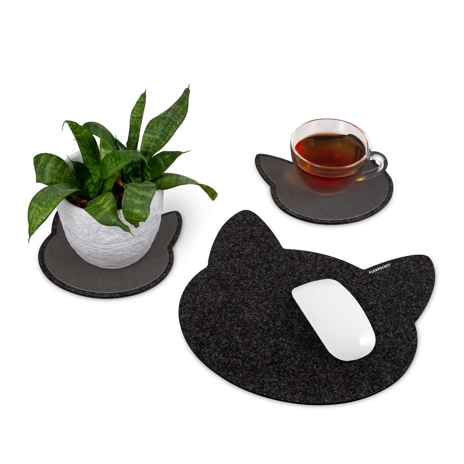Настольный коврик Flexpocket для мыши в виде кошки + комплект с подставкой под кружку черный - фото 3