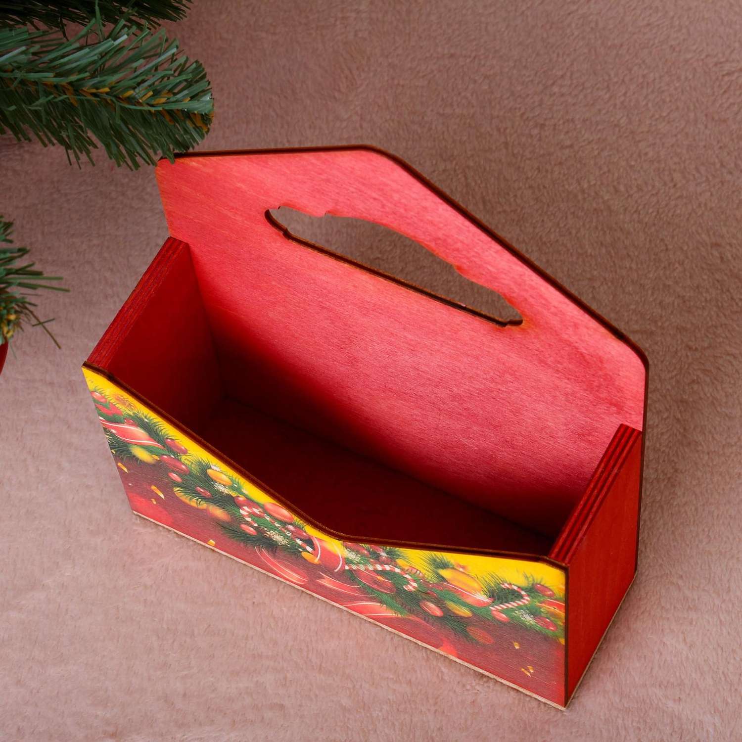 Кашпо Sima-Land деревянное «Конверт Новогодний №4» деревянная ручка красное 20.5×18×6 см - фото 2