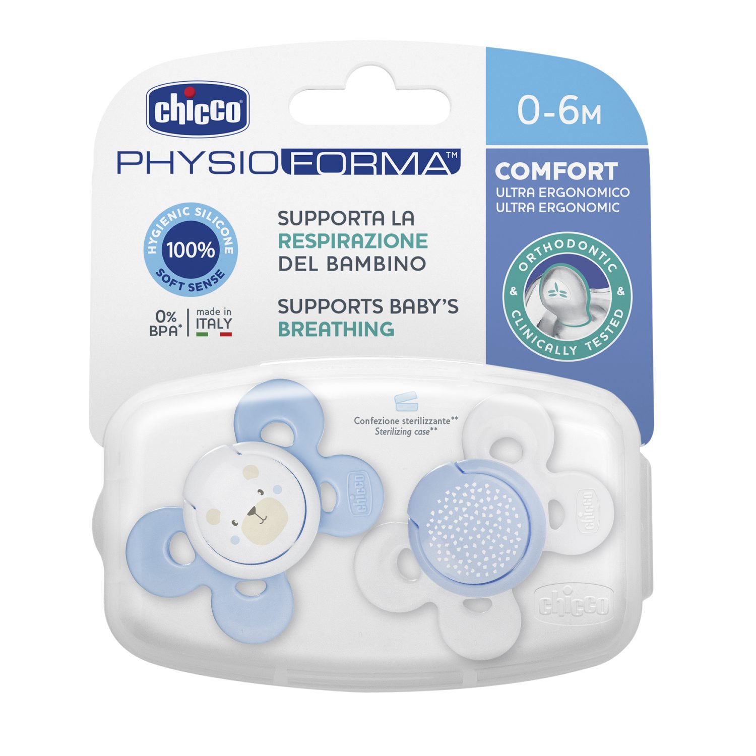 Пустышка CHICCO Physio Comfort 2шт 0-6мес силикон Blue рисунок собачка горошек - фото 1