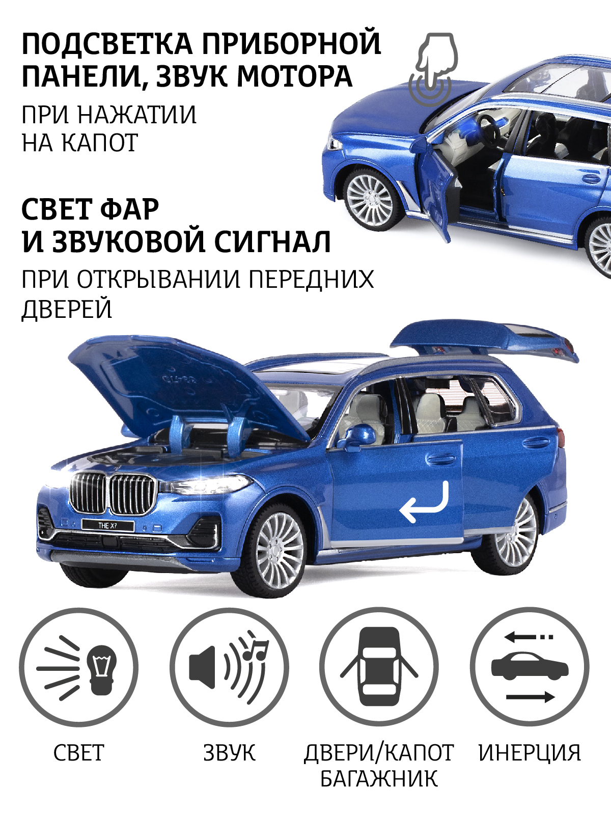 Внедорожник АВТОпанорама BMW X7 1:32 синий JB1251314 - фото 2