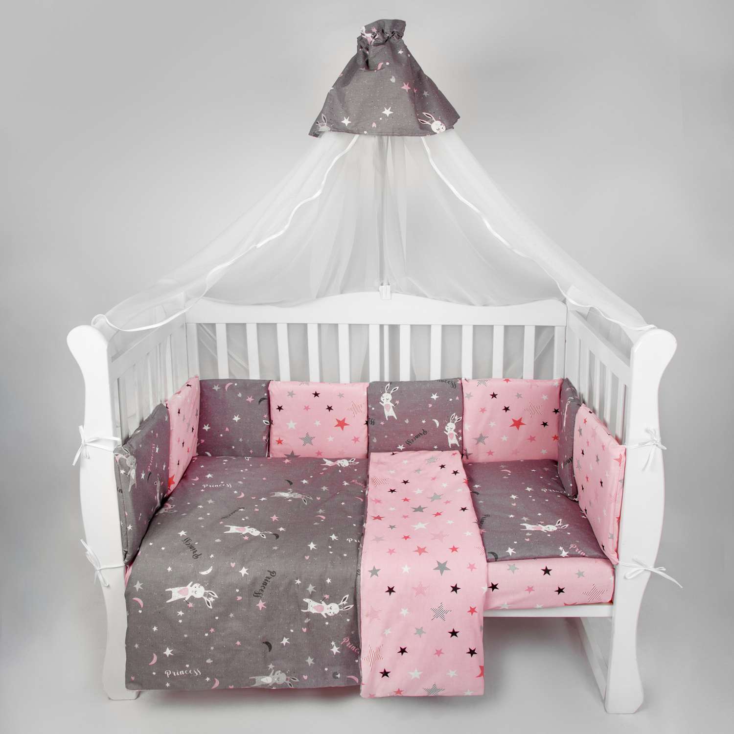 Комплект в кроватку AmaroBaby 3 предмета BABY BOOM Princess серый розовый - фото 6