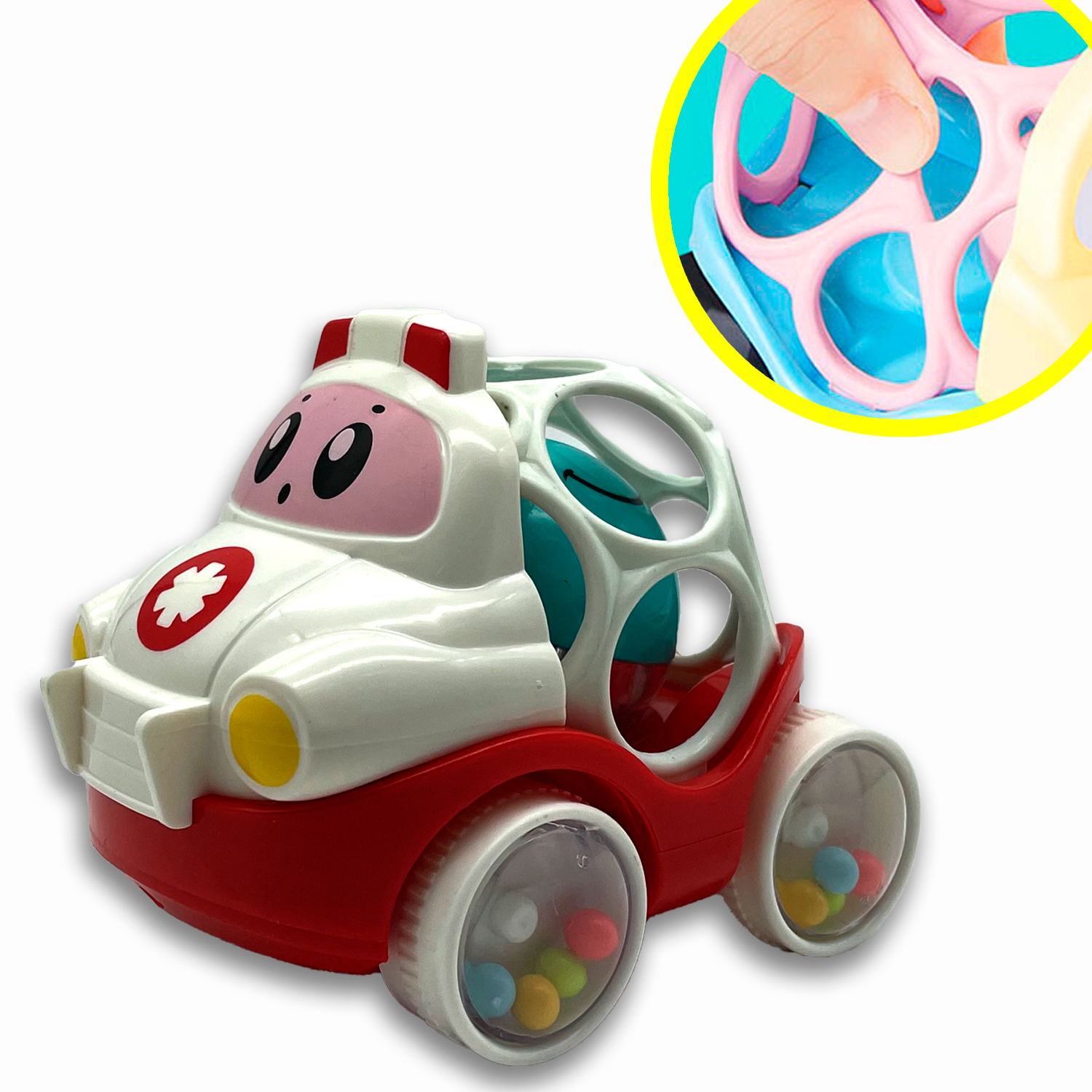 Машинка-погремушка BONDIBON Скорая Помощь с шаром бело-красного цвета серия Baby You - фото 1