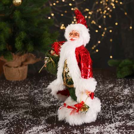 Дед мороз Зимнее волшебство «В блестящем костюмчике с мешком и колокольчиками» 30 см красно-зелёный