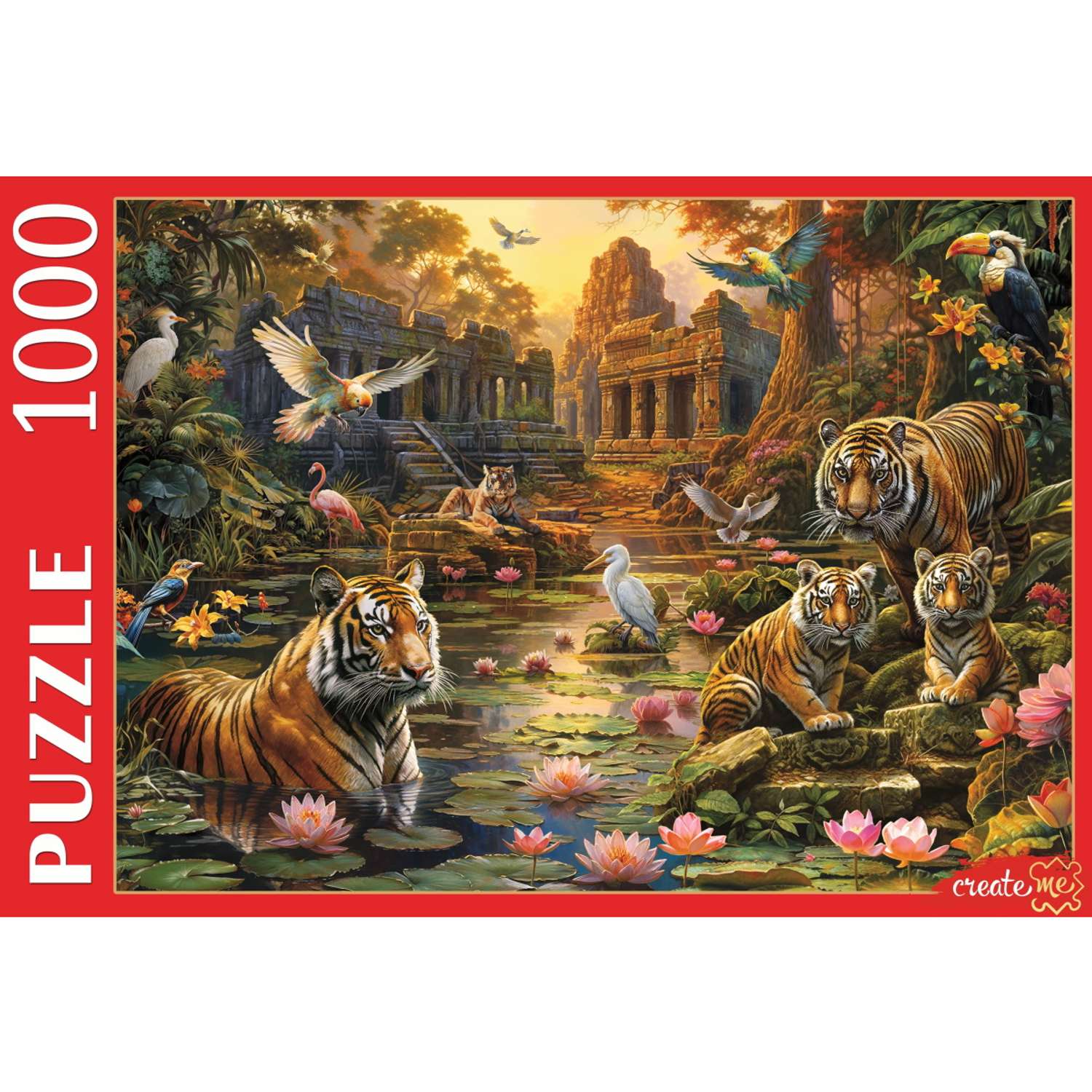 Пазл Рыжий кот 1000 элементов Тигры у озера на закате - фото 1