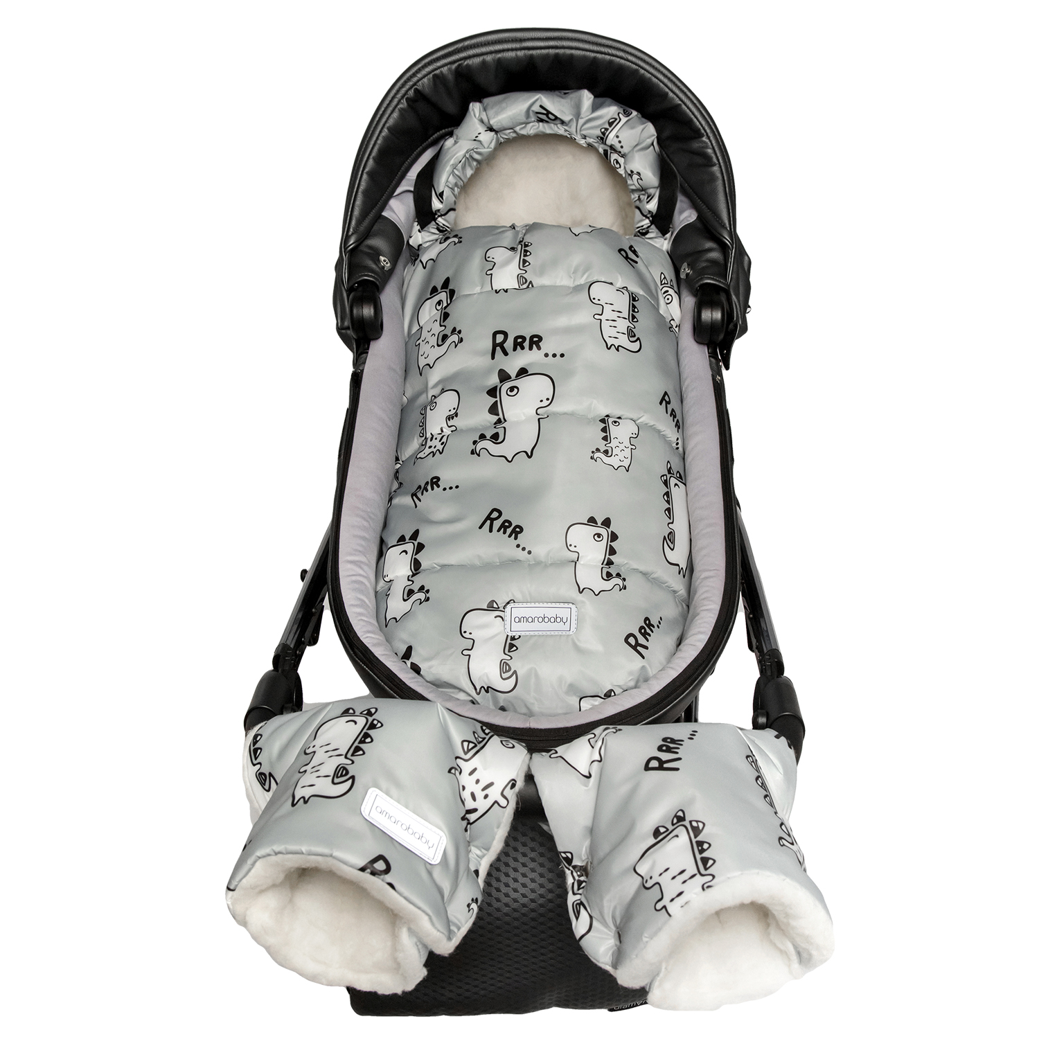 Конверт зимний AmaroBaby меховой Snowy Travel Динозавры серый 105 см - фото 5