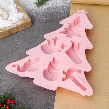 Форма Доляна силиконовая для выпечки «Новогоднее настроение» 23×19×2.5 см 6 ячеек цвет розовый